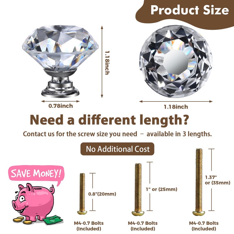 DEELF OUTLET 12 Packs Crystal Cabinet Knobs Drawer Pulls and Knobs Diamond Dresser Handles Crystal Pulls for Drawers - 30 mm Clear Glass Cabinet Knob with Silver Base - Image 3